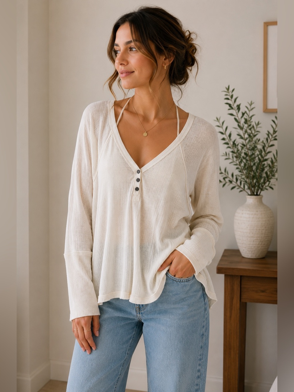 Women's Cream V-Neck Buttoned Top by Free People Small